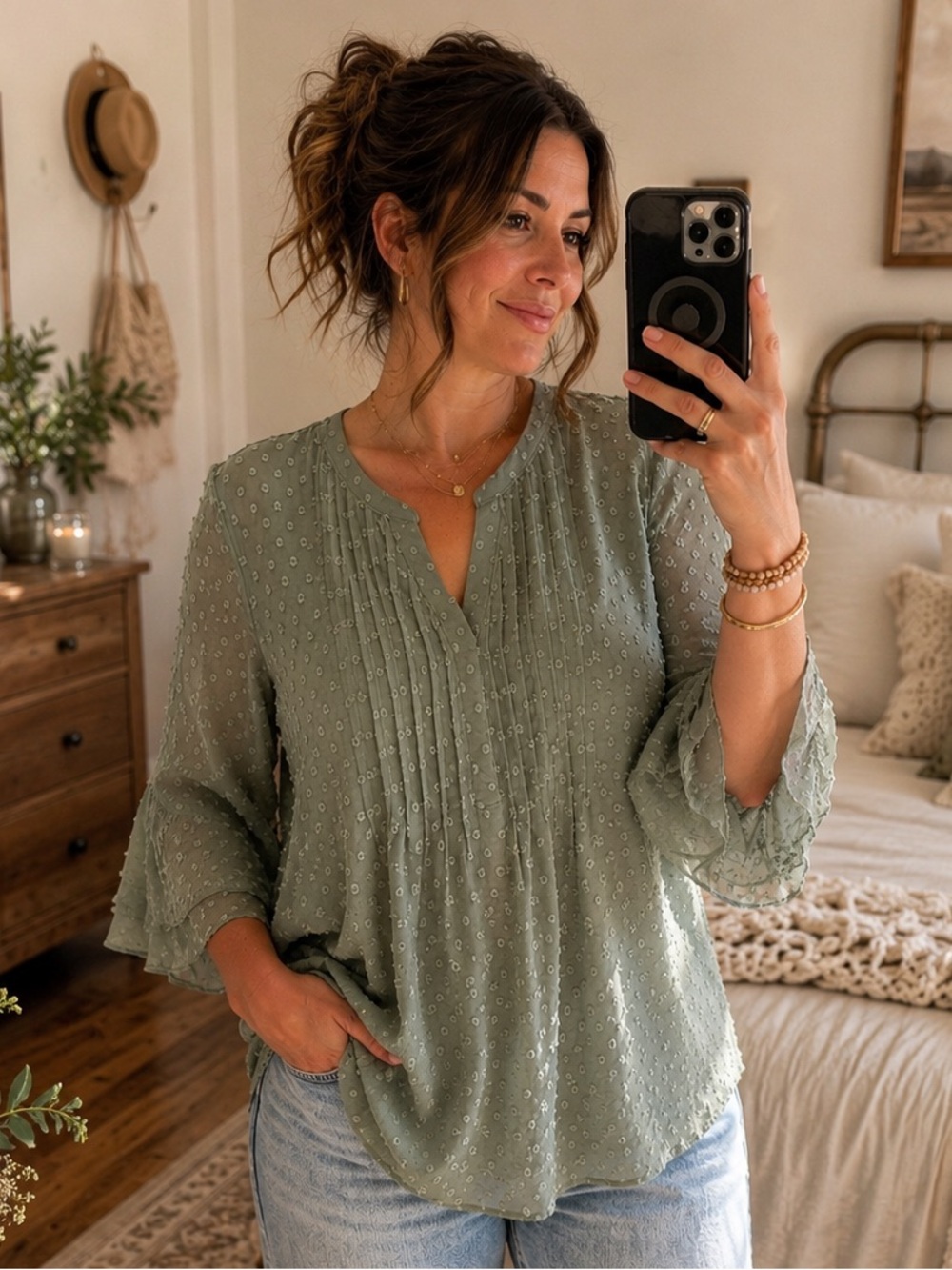 Charter club sage green blouse Swiss petite extra large flutter sleeves